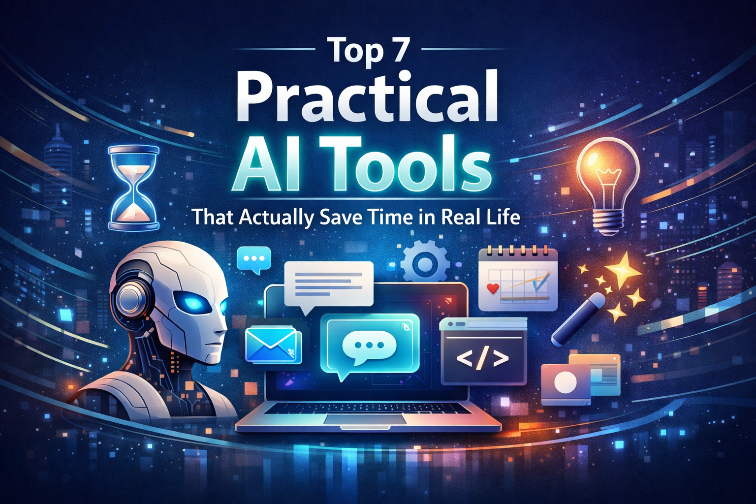 Practical AI tools that save time with productivity apps and automation icons
