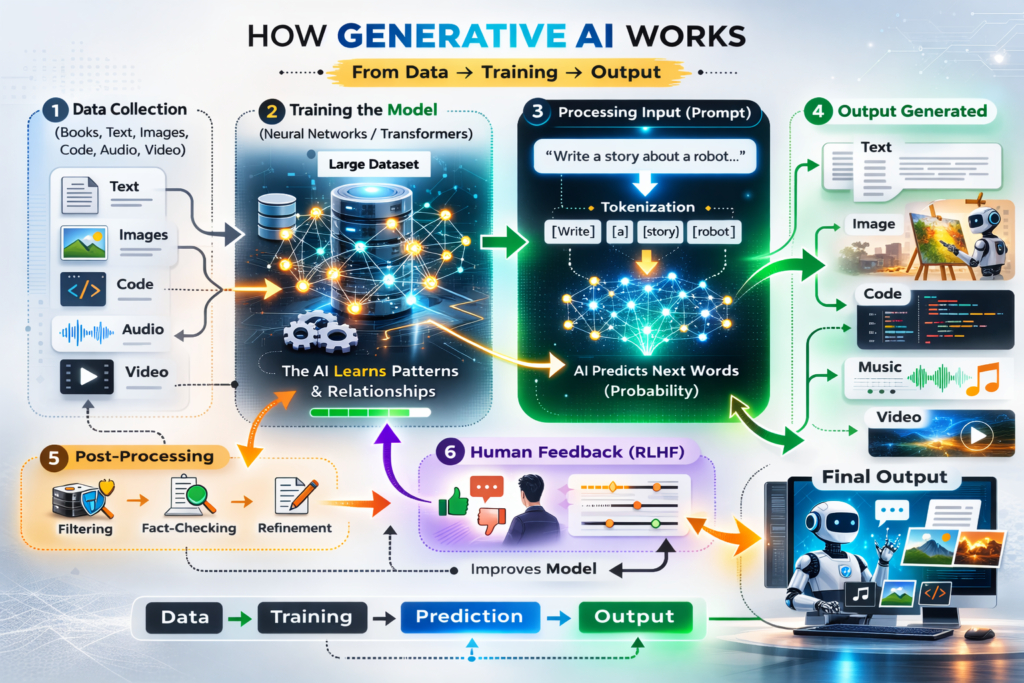Generative AI explained with a step-by-step infographic showing input prompt, neural network processing, and AI-generated output.